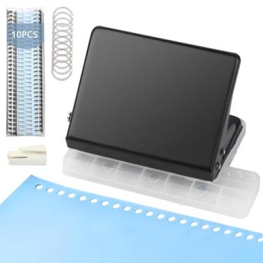 Imagem de Máquina de encadernação de 10 furos para planejador, kit de máquina de fichário de metal com 10 peças de espinhos de encadernação de pente de plástico e 30 peças de anéis de pasta de folhas soltas