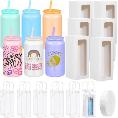 Imagem de FoldTier Conjunto de 6 copos de sublimação com tampa e canudo 473 ml copo isolado por sublimação copo de aço inoxidável com caixa de embalagem bolsa transparente para suco de café gelado refrigerante