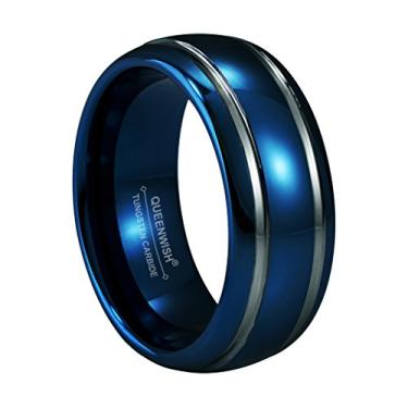 Imagem de QUEENWISH Aliança de casamento clássica de 8 mm com sulco duplo de tungstênio azul tamanho 6-13, Metal, Sem pedra preciosa