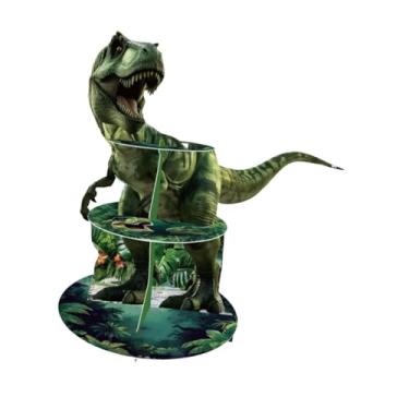 Imagem de IEUDNS Suporte para cupcakes de dinossauro, suporte para sobremesas, bandeja de servir, de papelão, para bolo de 3 andares para cozinha, aniversário,