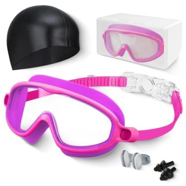 Imagem de Óculos de natação para crianças, antiembaciamento, proteção UV e ampla visão de natação e touca de natação para crianças de 3 a 15 anos