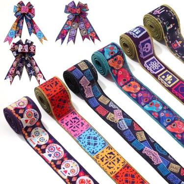 Imagem de 6 rolos 30 jardas Days of the Dead Ribbons 5.1 cm Mexicano Dia De Los Meurtos fita borda fio caveira de açúcar papel picado esqueleto para laços de grinalda, artesanato faça você mesmo, embrulho de