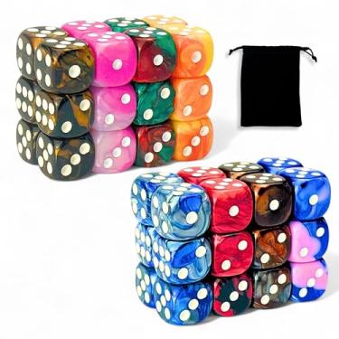 Imagem de Luck Lab 48 Pack of 16mm Marble Swirl D6 Dice 6 Sided Dice Set Round Corner Board Game Dice for MTG DND Tenzi Farkle Yahtzee Bunco or Learning Math (White Pip Multicolor Swirl)