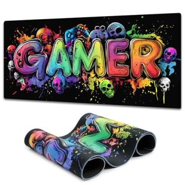 Imagem de SparkLia Mouse pad Gamer Blacklight – Tapete de mesa de jogos neon reativo UV com design de caveira, mousepad grande estendido à prova d'água com base de borracha antiderrapante para teclado de