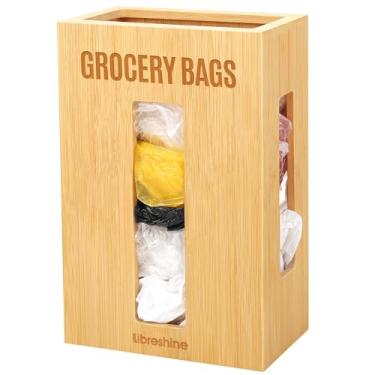 Imagem de Libreshine Suporte de saco de compras de bambu extra grande e organizador de saco de plástico, armário sob a pia ou armazenamento montado na parede, dispensador de economia de espaço para cozinha,