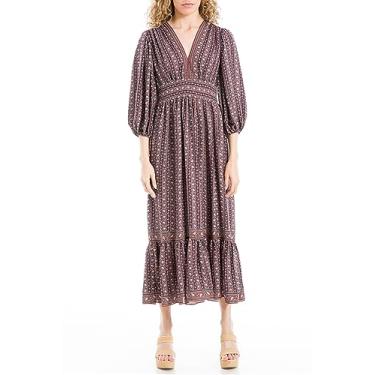 Imagem de Max Studio Vestido longo feminino com manga bufante 3/4 gola V, Dália Rambling Apple Spiced, G