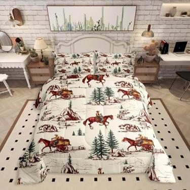 Imagem de Jogo de cama casal Wild West, carruagem de cavalo, 3 peças, para decoração de quarto de crianças, meninas, meninos, adultos, montanha, árvores, edredom rústico, 2 fronhas