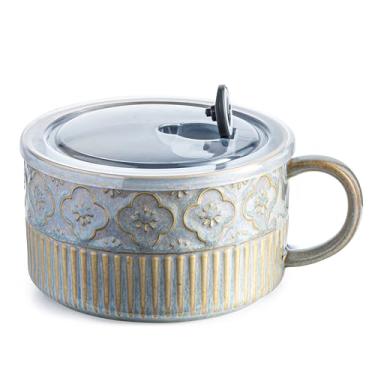 Imagem de Tigela de sopa extra grande com alça, tigela de cerâmica de 1,105 g com tampa, tigela de ramen de micro-ondas de 15 cm, caneca de sopa para cereal, ramen, macarrão instantâneo, cinza