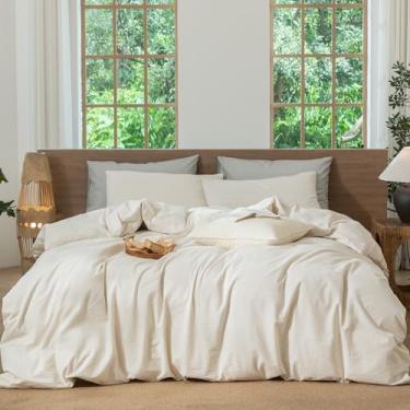 Imagem de MooMee Conjunto de capa de edredom listrado 100% algodão lavado como linho texturizado respirável durável macio confortável (riscas cinza leite amêndoa, super king 274.3 cm x 248.9 cm)