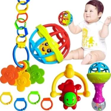 Imagem de Brinquedo Educativo para Bebê: Conjunto 8 peças com mordedor de silicone macio e chocalhos para estimular os sentidos.