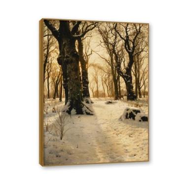 Imagem de NHLDZYH Moldura externa de teca. Pinturas a óleo famosas, (A Wooded Winter Landscape 2) por Peder Mork Monsted, reprodução impressa em tela, arte de cenário para decoração de sala de estar. 50 x 70 cm
