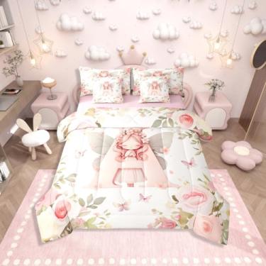 Imagem de Erosebridal Conjunto de edredom solteiro de fada sonhadora rosa com 7 peças, princesa, letra A, cama em um saco, estampa floral de fada e borboleta, para crianças, meninas, mulheres, conjunto de cama