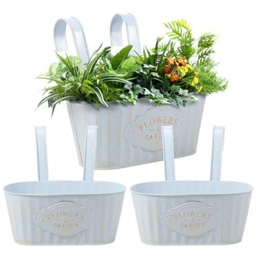 Imagem de 3 peças de plantador de flores de metal para pendurar em ferro para plantas ao ar livre – Caixa de plantador de varanda multifuncional com ganchos removíveis e orifícios de drenagem, cerca oval para