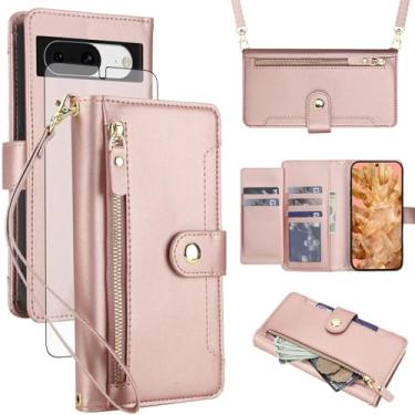 Imagem de Asuwish Capa de celular para celular Google Pixel 8 5G com zíper, protetor de tela de vidro temperado e alça de pulso transversal, suporte flip para cartão de crédito Pixel8 oito mulheres meninas ouro