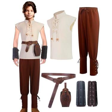 Imagem de Fantasia infantil medieval para meninos, cavaleiro viking renascentista, conjunto de cosplay de Halloween de 4 a 12 anos, Bege/Marrom, XL (11-12 years)