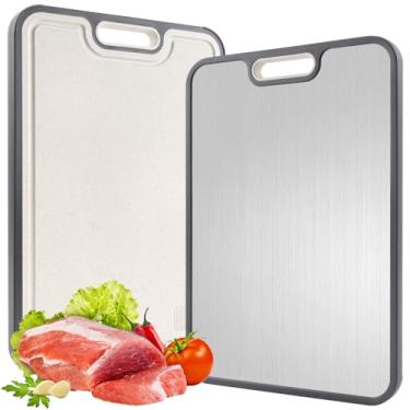 Imagem de Tábua de corte de titânio para cozinha, tábua de corte dupla face, grau alimentício de titânio puro e palha de trigo, tábua de cortar para carne/legumes, fácil de limpar, tamanho grande 40 x 28 cm