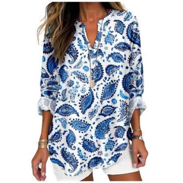 Imagem de Túnica MARSVOVO Blue Paisley Print com decote em V para mulheres
