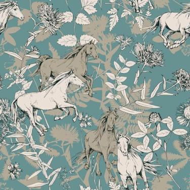 Imagem de VaryStyle Papel de parede de cavalo de corrida vintage azul-petróleo/cáqui/bege ervas floral peeling and stick papel de parede removível autoadesivo vinil animal impressão papel de contato para