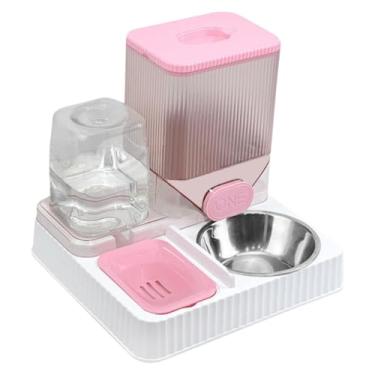 Imagem de Bebedouro E Comedouro Tigela Inox Automático Gravidade Pet 1.1L Agua 2.5L Racao Sem Eletricidade Fácil Limpeza Casa Bebedouro Pet (Rosa)