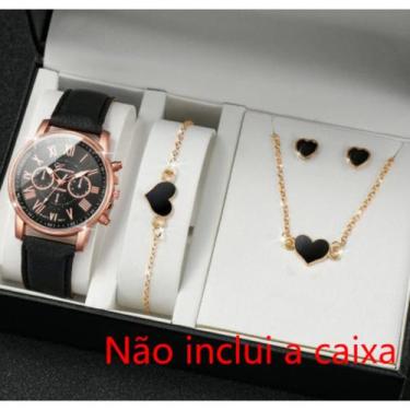 Imagem de conjunto relogio feminino quartz e joia - oem, coração preto