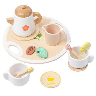 Imagem de Conjunto de Chá Infantil em Madeira, 12 Peças, Branco e Natural, com Bandeja e Xícaras, para Crianças Acima de 36 Meses, Brinquedo Educativo