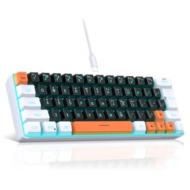 Imagem de Snpurdiri Teclado para jogos com 60% com fio, 63 teclas RGB retroiluminado, pequeno teclado para jogos, jogador, digitador, viagem, fácil de transportar em viagem de negócios (preto-branco-laranja)