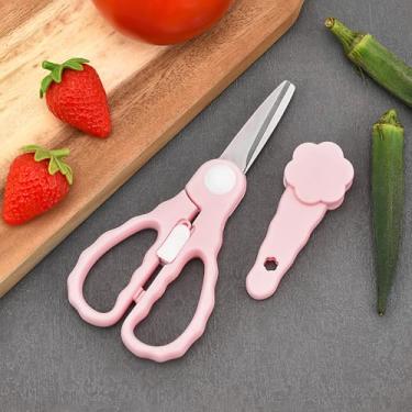 Imagem de 1 pacote de tesouras para alimentos, tesouras portáteis saudáveis, tesouras de aço inoxidável com estojo de viagem de armazenamento – Ideal para cortar carne, frango, legumes e frutas, rosa