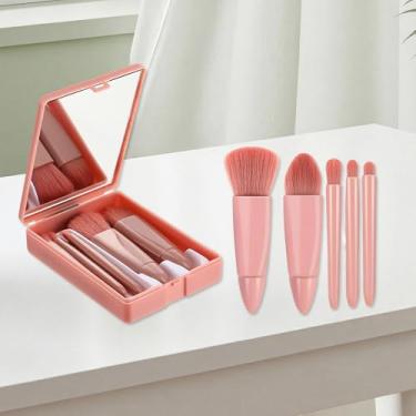 Imagem de Conjunto de pincéis de maquiagem para viagem, marrom, 5 peças, mini pincéis cosméticos com espelho, kit completo de pincéis para blush para olhos e lábios, portátil para uso diário e em viagens