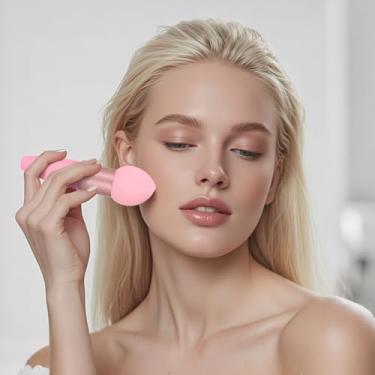 Imagem de Conjunto de 3 pincéis de esponja de maquiagem para base, blush e contorno, pincel de liquidificador macio e bonito com alça ergonômica rosa 26 x 8 x 5 cm