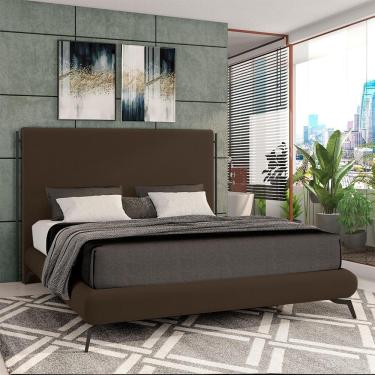 Imagem de Conjunto Cabeceira E Base Para Colchão Casal Bezos Com Pés Em Alumínio Veludo Marrom G91 - Gran Belo