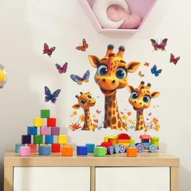 Imagem de Decalques de parede de animais girafa família adesivos de parede vinil destacar e colar borboleta girafa removível arte de parede para sala de estar quarto berçário sofá TV decorações de fundo