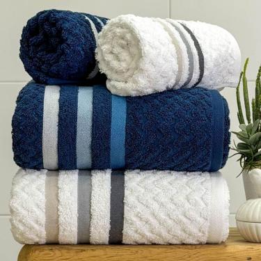 Imagem de Jogo De Toalha Banhão Trento 4 Peças 100% Algodão Branco-azul Marinho