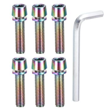Imagem de PATIKIL Parafusos de haste de bicicleta M5 x 20 mm, 6 parafusos sextavados cônicos com arruelas e chave para haste de bicicleta de estrada BMX MTB, colorido