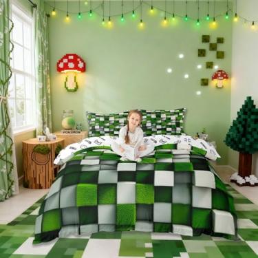 Imagem de Pixelated Miners Conjunto de capa de edredom gamer tamanho casal, jogo de cama infantil com desenho animado de videogame, decoração geométrica moderna, capa de colcha verde e branca, 2 fronhas (sem