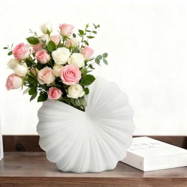 Imagem de Vaso de cerâmica branco em forma de concha para flores, vasos de flores nórdicas de 20 cm de altura para decoração de casa, estante, mesa de café, sala de jantar