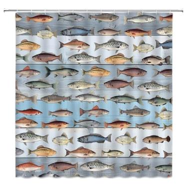 Imagem de Cortina de chuveiro vintage de peixe, rústica, cabana de fazenda, pesca, lago, peixes, chalé, caça, acampamento, trailer, tecido, conjunto de cortinas de banheiro com ganchos