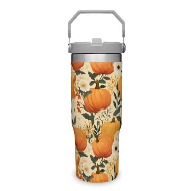 Imagem de Copos de 850 g Abóbora com Alça e Canudo Canecas de Viagem Parede Dupla Isolamento a Vácuo Copo de Carro de Aço Inoxidável À Prova de Vazamento Durável Isolamento Térmico Caneca de Café para