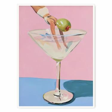 Imagem de Arte de parede de coquetel Pink Martini – Impressão de pôster de carrinho de bar retrô, arte de bebida estética vintage divertida para decoração de carrinho de bar 28 x 35 cm sem moldura