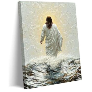 Imagem de Tela emoldurada Jesus andando sobre a água arte de parede histórias bíblicas cristãs pintura imagem decoração de parede religioso Jesus pôster arte para sala de estar quarto decoração de igreja 30,5 x
