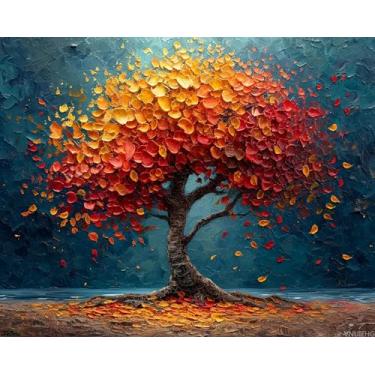 Imagem de VNUIEHG Pintura por números, árvore da vida com folhas de outono, artesanato adulto pintura por números, artesanato para decoração de casa (sem moldura, 40,6 x 50,8 cm)