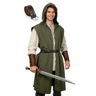 Imagem de Fantasia masculina renascentista com capuz, sobretudo, túnica medieval, sem mangas, capa viking, fantasia Holloween LARP Assassin Cosplay, Verde, Small