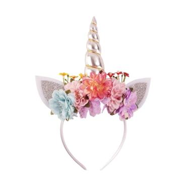 Imagem de Nishine Tiara de unicórnio simulada de margarida com glitter, coroa de chifre para meninas, lembrancinha de festa de aniversário (prata)