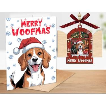 Imagem de CoCray66 Merry Woofmas Conjunto de enfeite de janela de madeira e cartão, enfeite de Natal de madeira para cachorro Beagle, enfeite de madeira de 3 camadas para amantes de animais de estimação, amigos