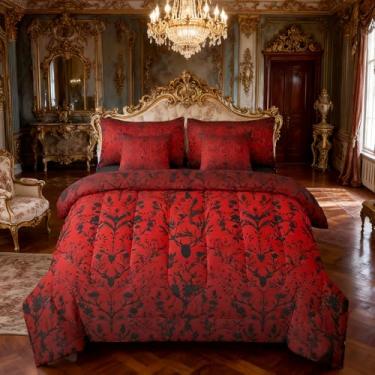 Imagem de Erosebridal Conjunto de cama casal damasco preto - Cama floral antiga vitoriana em uma bolsa, conjunto de edredom barroco gótico com lençóis (vermelho vintage), conjunto de cama de 7 peças de animais