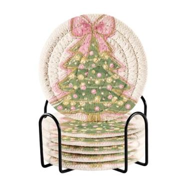 Imagem de Blueangle Porta-copos de 6 peças de árvore de Natal com laço rosa - tecido redondo super absorvente para proteção de mesa e decoração de casa (189)