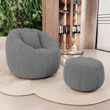 Imagem de Poltrona Decorativa Concha Giratória Com Puff Estilo Abóbora Shell Bouclê Cinza Escuro - Desk Design