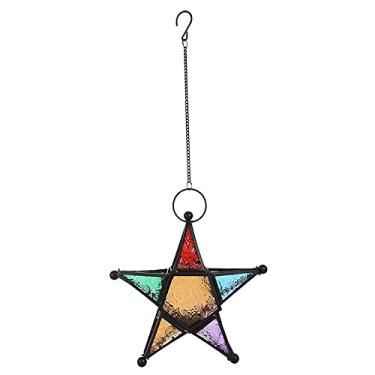 Imagem de Marrocos ferro estilo óculos coloridos lanterna jardim ao ar livre terraço castiçal ornamento preto dourado 19x19x6cm (Preta)