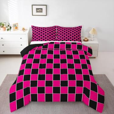 Imagem de Erosebridal Conjunto de edredom infantil xadrez preto rosa choque geométrico quadriculado para meninas adolescentes e mulheres, decoração de quarto quadriculado, edredom macio e leve, 2 peças