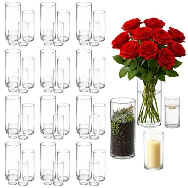 Imagem de Pacote com 48 vasos cilíndricos de vidro transparente – alturas variadas de 10 cm, vasos de flores multiuso e castiçais flutuantes para mesa de casamento, decoração de casa e decorações de festa