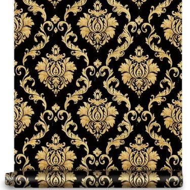 Imagem de Papel de parede Damasco Peel and Stick 17,7" × 32,4 m Marrom/Preto Revestimento de parede decorativo pré-colado papel de contato removível adesivos de móveis forro de prateleira rolo de vinil